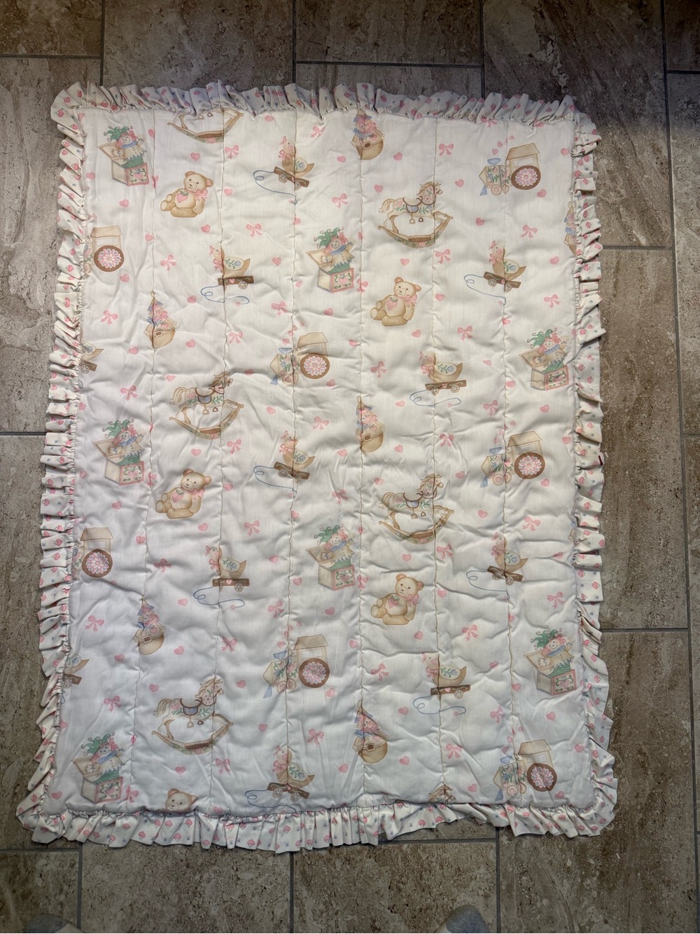 Vintage handmade pink Baby girl Cottage core ruffle nursery Quilt w/ bears